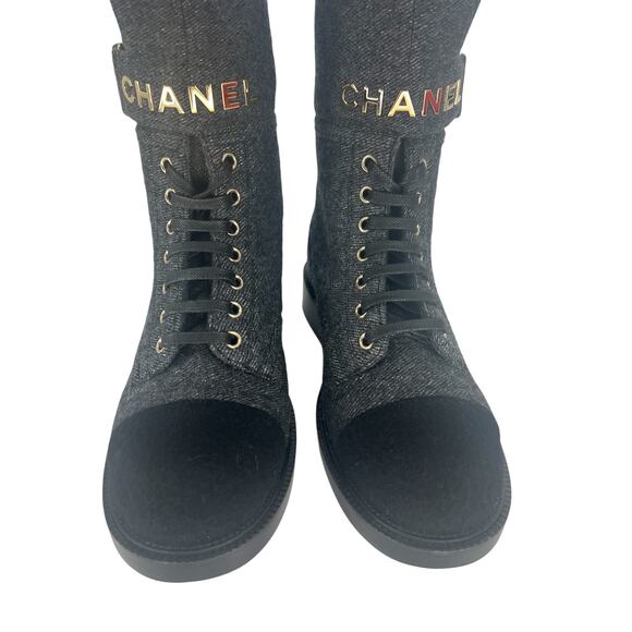 Chanel 2021 Interlocking CC Cap Toe Tweed Logo Combat Boots - Picture 7 of 16